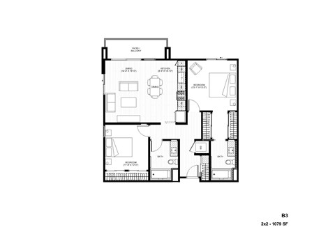 Floor plan for 2 beds, 2 baths, 1079 sqft
